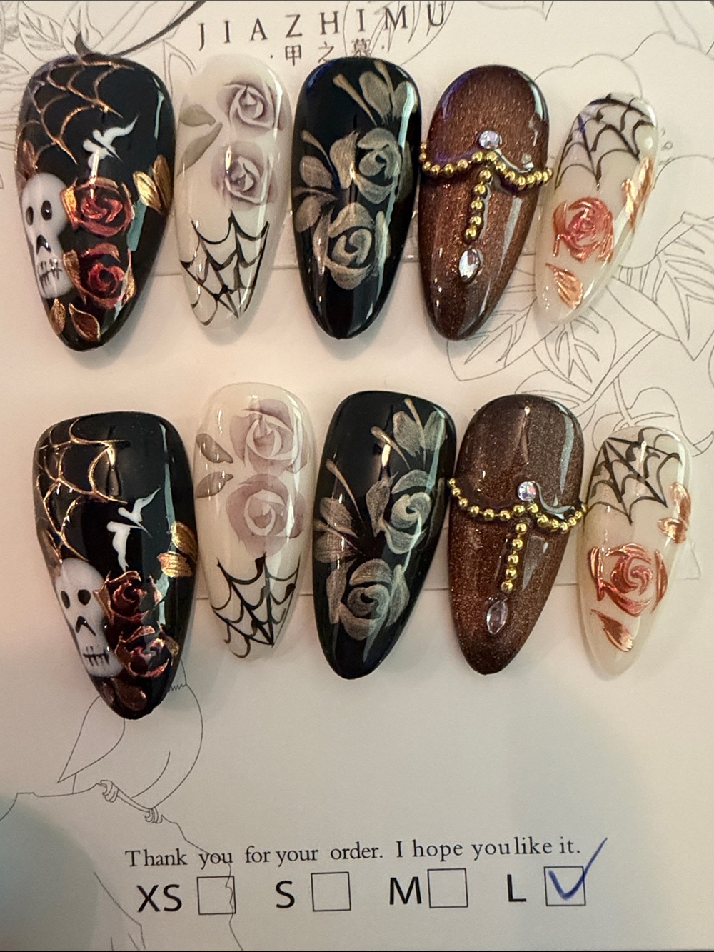 Hand-Painted Rose press on Nail Set - Black, White, Brown